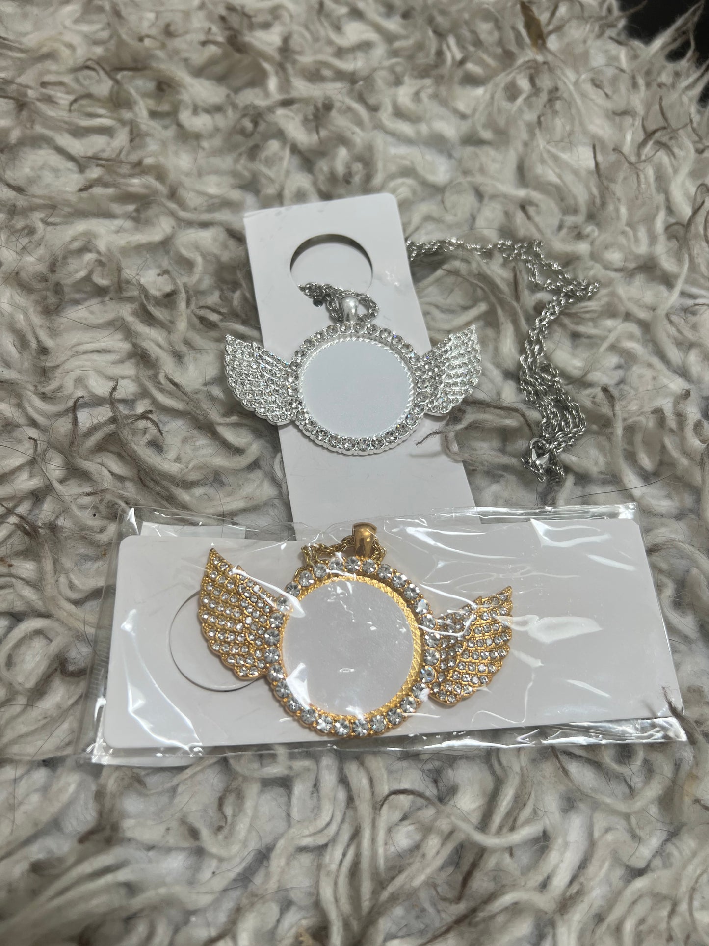 Personalized Diamond Bedazzled Angel Wings Photo Necklace with 27 inch necklace.