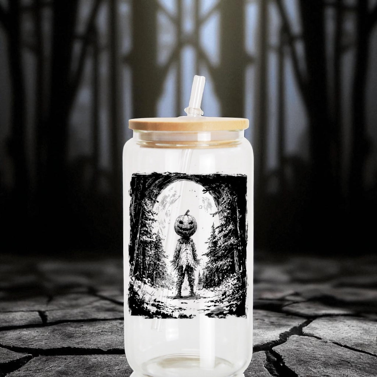 Pumpkin creeper 16oz glass jar with bamboo lid and straw