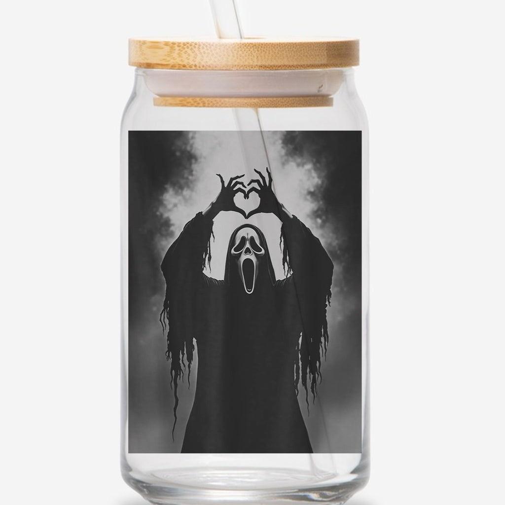 Ghost face 16oz glass jar with bamboo lid and straw