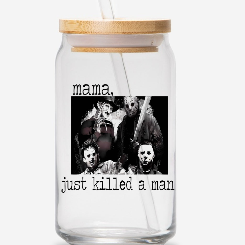 Mama just killed a man 16oz glass jar with bamboo lid and straw