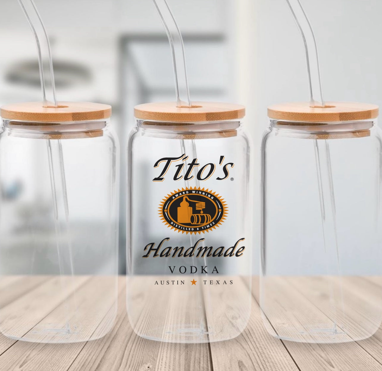 Tito’s 16oz glass jar with bamboo lid and straw