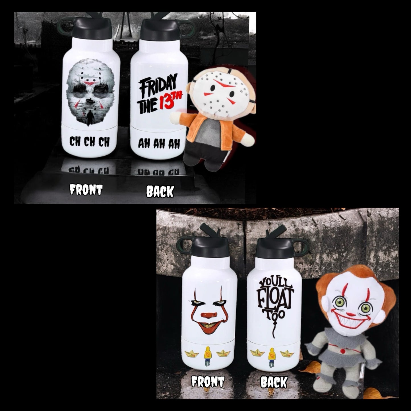 Horror 32oz custom travel water bottle with 10oz removable bowl