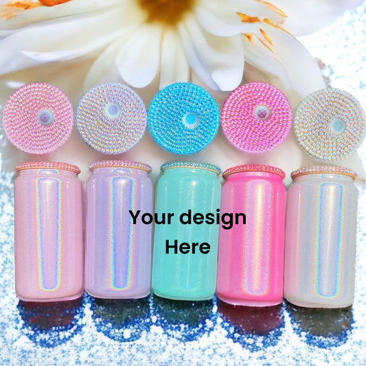 Iridescent 16oz glass jar with jeweled lid and straw