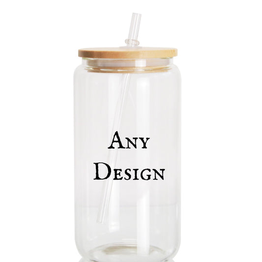 Custom (you pick your design)  16oz glass jar with bamboo lid and straw