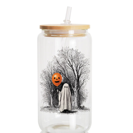 Ghost w pumpkin 16oz glass jar with bamboo lid and straw