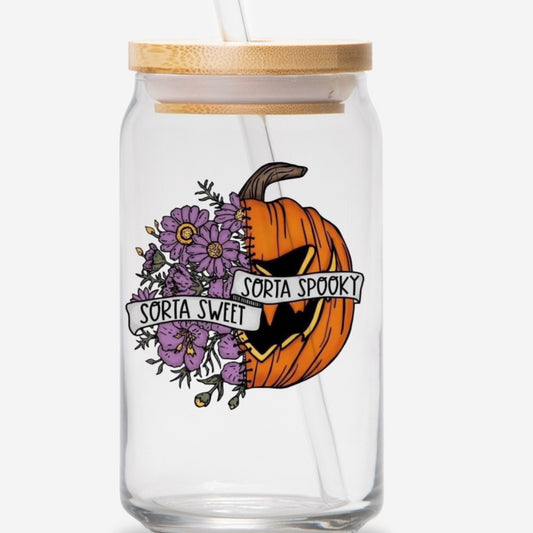 Sorta sweet- sorta spooky 16oz glass jar with bamboo lid and straw