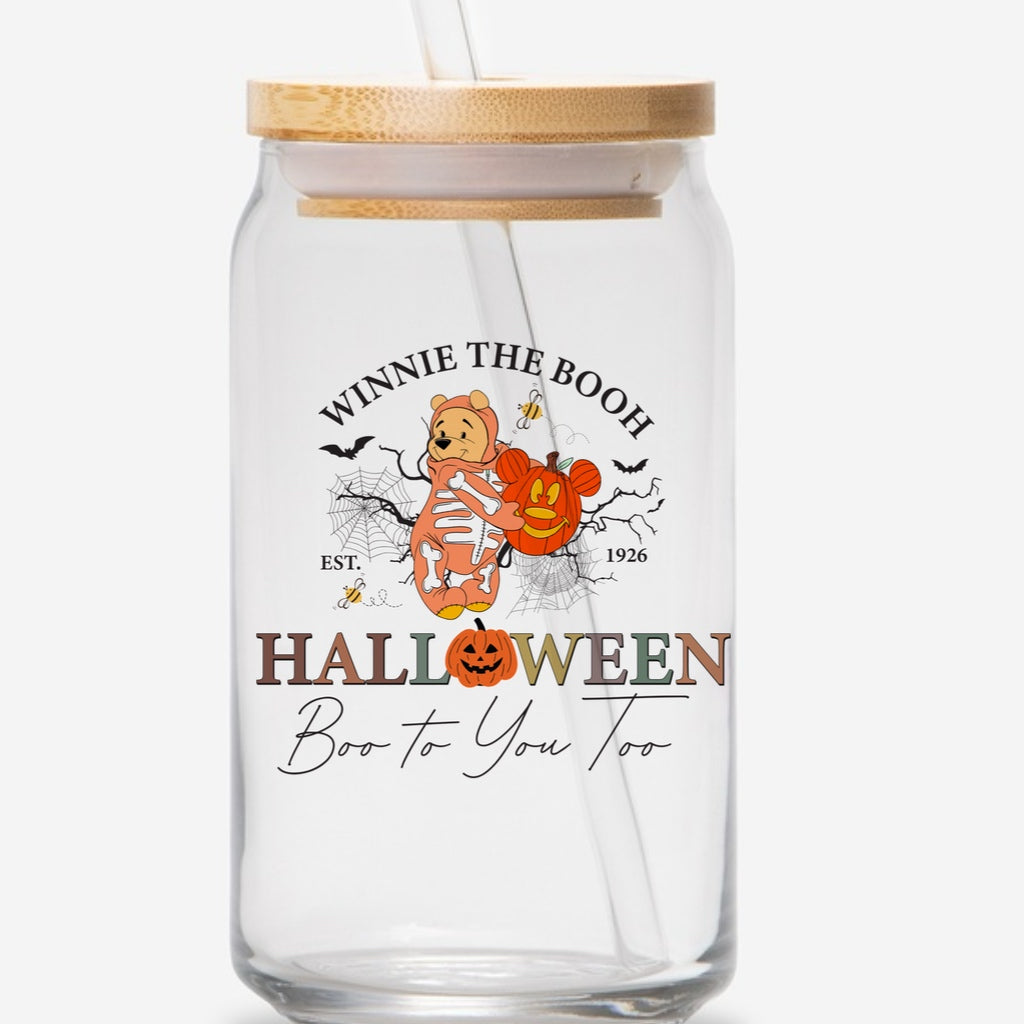 Pooh Halloween  16oz glass jar with bamboo lid and straw