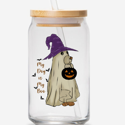 My dog is my boo 16oz glass jar with bamboo lid and straw