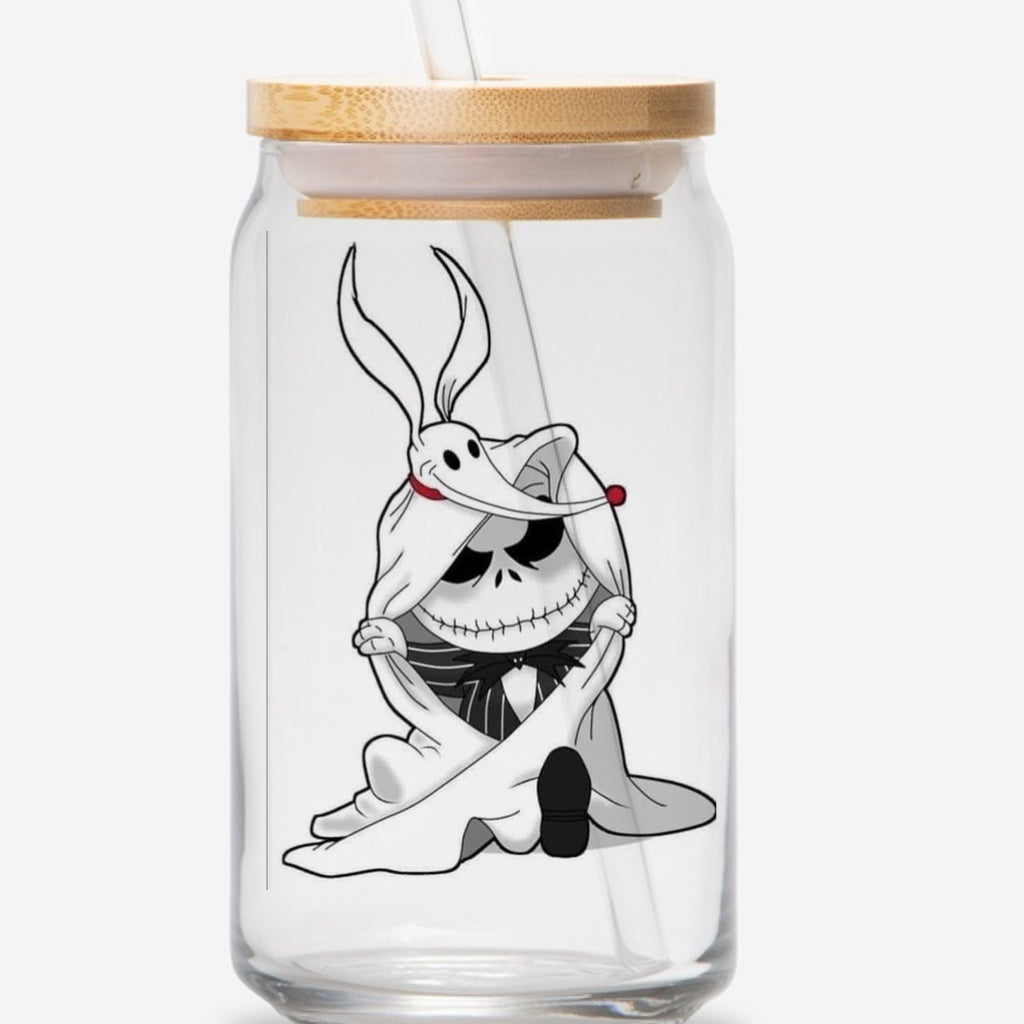 Jack and zero Halloween  16oz glass jar with bamboo lid and straw