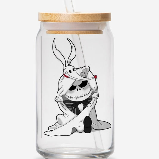 Jack and zero Halloween  16oz glass jar with bamboo lid and straw