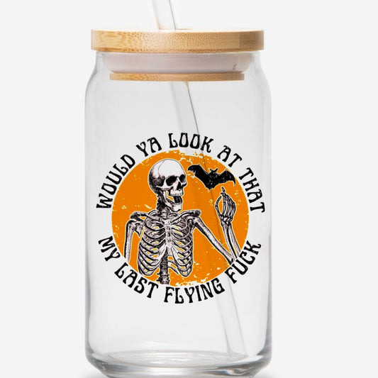 Last flying fuck Halloween  16oz glass jar with bamboo lid and straw